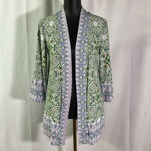 Isaac Mizrahi Live! Blue Green & Pink Printed 3/4 Sleeve Open Front Cardigan